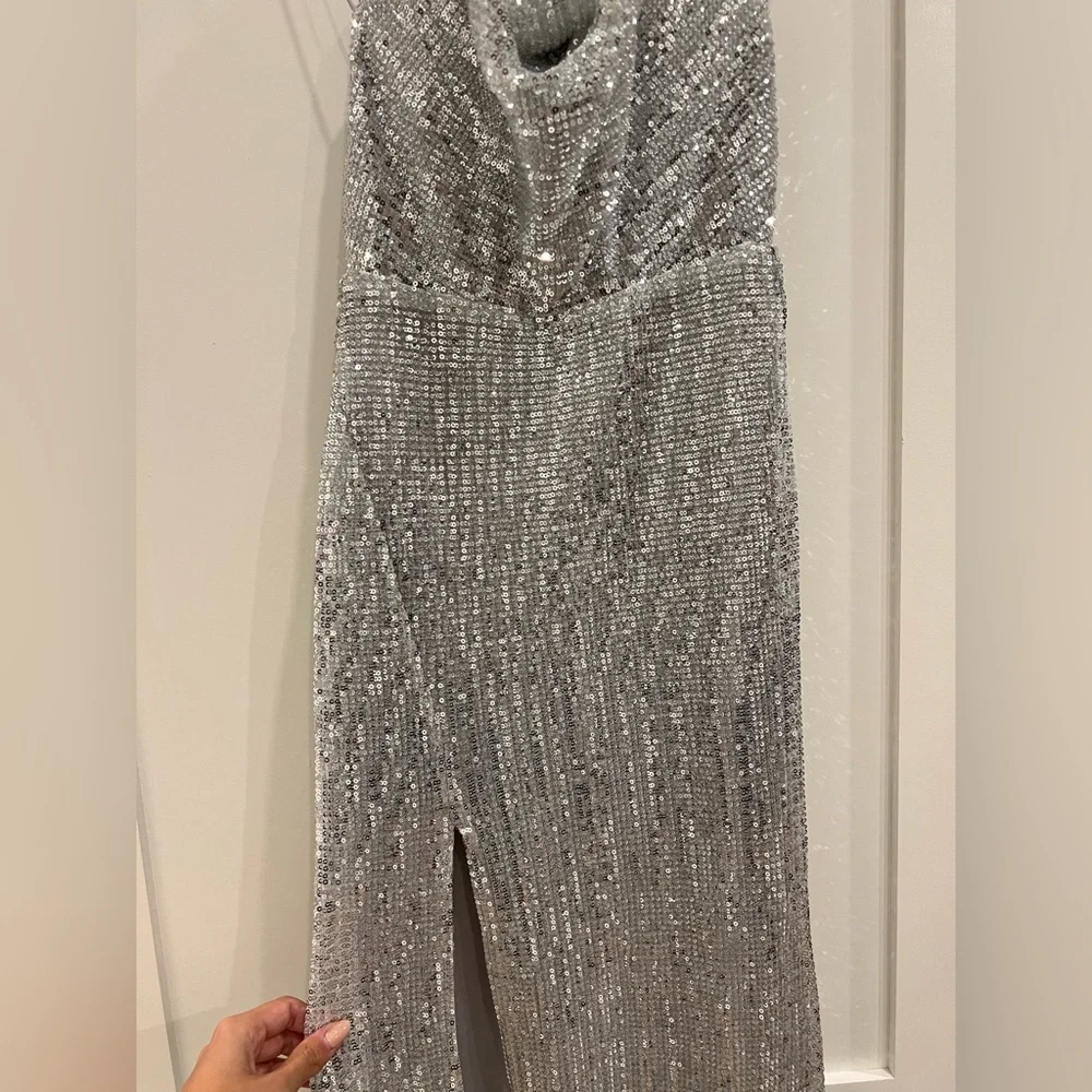 Abyss by Abby - Silver Sequin Open Back Slit Dress size XS - Picture 3 of 5
